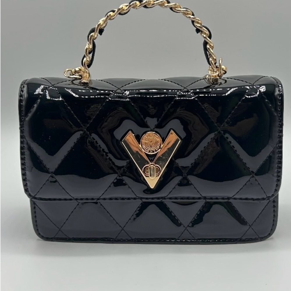 Valentino Orlandi Glossy Black Quilted Mini Bag with Gold Chain